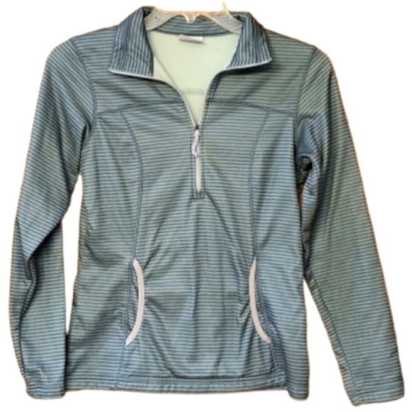 Columbia Womans Fleece Lined Teal Striped Quarter Zip Pullover Top Size Small - Picture 1 of 9